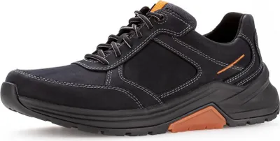 A single black sneaker with orange accents is shown against a white background.