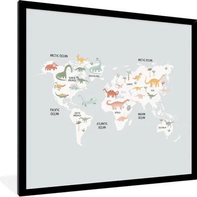 Produktbild von MuchoWow® Gerahmtes Poster Karte - Kind - Dino 40x40 cm - Poster mit Schwarzem Bilderrahmen Wandposter Rahmen Foto Bilder - Mit Rahmen - Wanddekoration Schlafzimmer