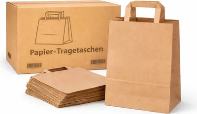 Produktbild von PACKEO Papiertragetaschen Braun – Stabil & Wiederverwendbar | 22×10×28 cm(500 Stk.)