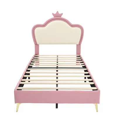 Produktbild von okwish Kinderbett Plattformbett 90×200 cm mit Lattenrost, Polsterbett Jugendbett für Jungen und Mädchen, Funktionelles Einzelbett mit Kopfteil mit Krone, Rosa+Weiß(Ohne Matratze)