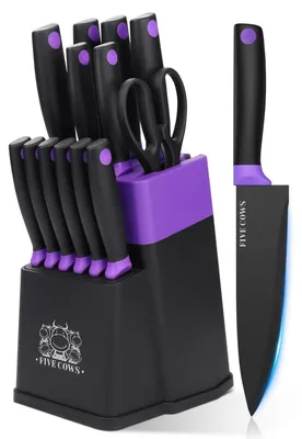 Immagine prodotto di Set di coltelli da cucina da 14 pezzi, con base autoaffilante, coltelli per bistecca e forbici, colore viola