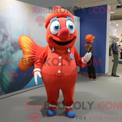 Immagine prodotto di Personaggio mascotte REDBROKOLY di un pesce pagliaccio rosso vestito con pantaloni eleganti e spille