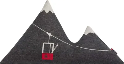 A stylized representation of mountains with a ski lift gondola.