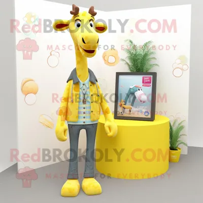 Productafbeelding van Citroengeel Giraffe mascotte REDBROKOLY kostuum karakter gekleed met een vest en kettingen