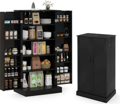 A black pantry cabinet with its doors open, displaying various food items and kitchenware, is shown next to a closed black pantry cabinet.