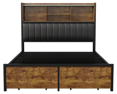 Produktbild von Polsterbett 140x200 cm - Doppelbett mit LED Beleuchtung - Stauraum-Bettkasten - USB Ladeanschlüsse - PolyurethanKopfteil - Schwarz