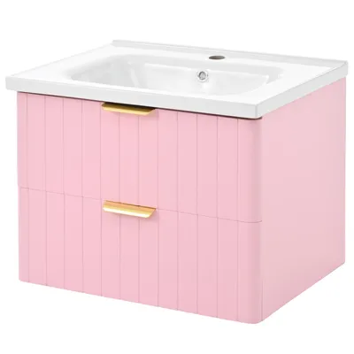 Produktbild von Merax Waschbeckenunterschrank hängend, mit Keramik-Waschbecken, 2 Schublade, Waschtisch, Kleiner Badezimmerschrank, 60,5x47,5x47 cm, Rosa