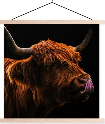 Produktbild von MuchoWow® Textilposter Schottisches Hochlandrind - Zunge - Nase 60x60 cm mit holzfarbenen Rahmen - Wanddekoration
