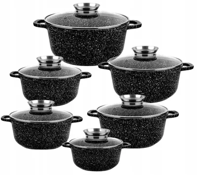 Produktbild von 12-Tlg Marmor Töpfset Mit Glasdeckel Kochtopf-Set Marmorbeschichtung