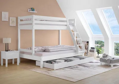 Produktbild von Doppel-Etagenbett 120x200 und 80x200 Erwachsenen-Stockbett Kiefer Massivholz weiß V-60.18W-08-12Rollrost und Bettkasten inkl.