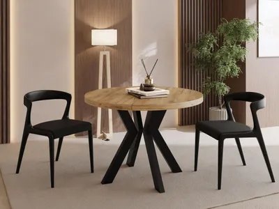 Produktbild von Runder Esstisch Ausziehbar 90-190 cm – Verlängerbar, für 5-9 Personen mit Schwarzen Holzbeinen – Tisch für Wohnzimmer & Esszimmer in Eiche Braun
