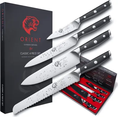 Zdjęcie produktu dla 4-czciowy zestaw noy kuchennych, Orient, seria Origin, wykonany z niemieckiej stali nierdzewnej X50 Ultra+, czarny
