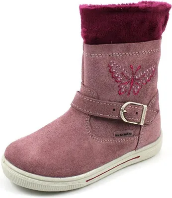 A single purple boot with a butterfly design and burgundy fur trim is shown against a white background.
