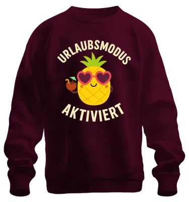 Imagen del producto de Modo vacaciones activado. Sudadera uni con estampado de piña, gafas de sol, cóctel y playa. Color burdeos, talla L