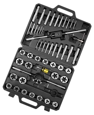 Produktbild von SucceBuy 51-teiliges Gewindeschneider-Set mit SAE-Größen von 1/4 bis 1 Zoll, inklusive Grob- und Feingewindebohrer, Schneideisen, Schraubenschlüssel, Tragekoffer und Zubehör, gefertigt aus Wälzlagerstahl