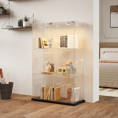 Immagine prodotto di Vetrina illuminata, con 3 ripiani, realizzata in vetro temperato, con serratura, dimensioni 78,5 x 35 x 117 cm, colore nero