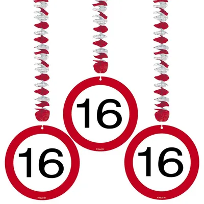 Produktbild von Verkehrsschild Hängedeko Geburtstag 16 Jahre - 3 Stück - Papier - 17,5 x 17,5 cm - Bunt - Partydeko