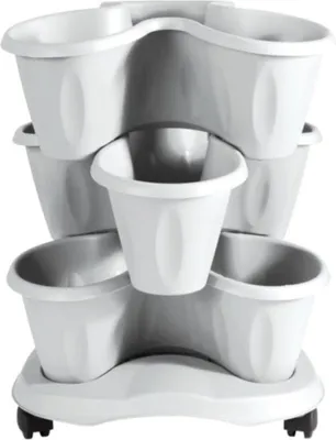 A white, multi-tiered planter with wheels.