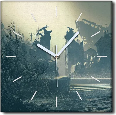 Produktbild von Coloray Uhr auf Leinwand 30x30 cm Wand Uhr Dekoration Wohnzimmer Segeltuch weiße Zeiger -Regenstadtlandschaft.