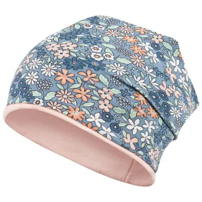 Produktbild von Mädchen Mütze Übergangsmütze Beanie Blumen, Gr. 54-56, Blau-Aprikot