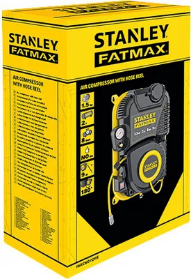 The image shows the packaging of a Stanley Fatmax air compressor with a hose reel.