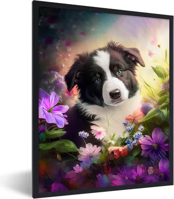 Produktbild von MuchoWow® Gerahmtes Poster Welpe - Sonne - Blumen - Natur - Border Collie - Hund 30x40 cm - Poster mit Schwarzem Bilderrahmen Wandposter Rahmen Foto Bilder - Wanddeko - Kunstdrucke