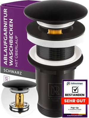Immagine prodotto di M. ROSENFELD HOME Kit di scarico per lavabo, nero, 1 1/4" – Valvola di scarico a scomparsa con apertura a pressione, per lavabi, kit di scarico senza troppofilo, accessori per lavabi