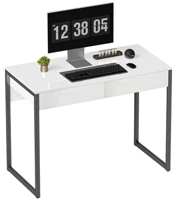 Image de Bureau - Bureau informatique - 100 x 50 cm - 2 tiroirs - Structure métallique - À assembler soi-même - Blanc