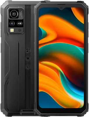 A black smartphone is shown from the front and back, with a colorful abstract wallpaper on the screen.