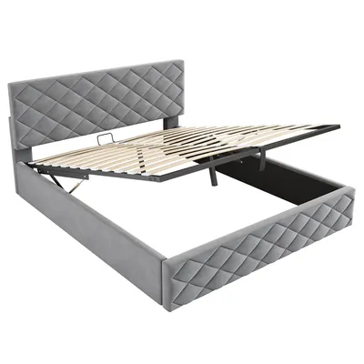 Produktbild von okwish Polsterbett 140x200 Funktionsbett ohne Matratze,Doppelbett mit Rautenmuster-Design,Stauraumbett mit Lattenrost und Stauraum,Grau