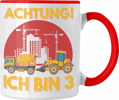Produktbild von Trendation - Achtung Ich Bin 3 Tasse Geschenk 3-Jähriger Junge Bagger Geschenkidee Sohn (Rot)
