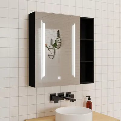 Produktbild von LED Spiegelschrank mit Seiteschrank 80x70 cm mit Beschlagfrei Drei Lichtfarbe Dimmbar Rasier-Steckdose IP44 - Hochglanz Schwarz
