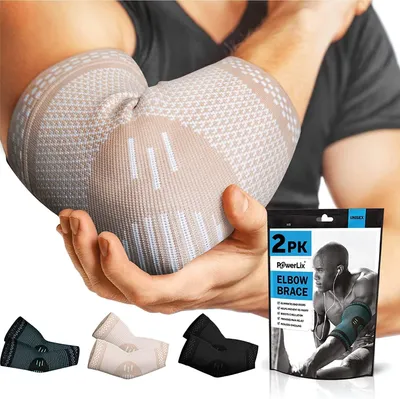Produktbild von Ellenbogenbandage 2 Stš¹cke, Kompression Ellenbogen Bandage fš¹r Damen & Herren, Ellbogen Bandage fš¹r Tennisarm, Golferarm, Sport, Arthritis, Sehnenentzš¹ndung, Gelenkschmerzen, Beige, L