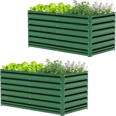 Imagen del producto de Juego de 2 macetas elevadas de metal, rectangulares, de 120x60x60 cm. Estructura estable fabricada en acero galvanizado. Macetas para plantas, huerto o jardín, resistentes a la intemperie y a la corrosión, ideales para verduras, flores y frutas