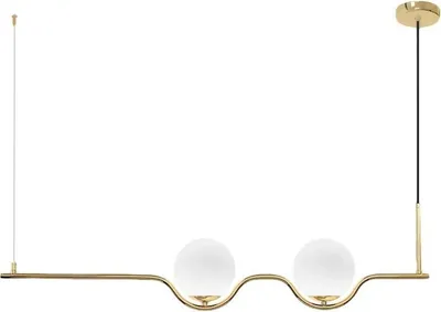 A product shot of a gold pendant light with two white glass globes against a white background.