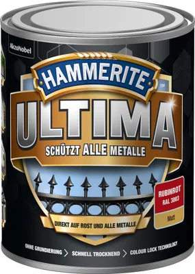 Produktbild von Hammerite Metallschutzlack Ultima Matt, Hochwertiger Schutzlack für alle Metalle im Außenbereich, Rubinrot, RAL 3003, 750 ml