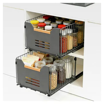 Produktbild von Teleskopschublade, 2er Set Ausziehbare Schublade Küche aus Hochwertigem Kohlenstoffstahl Grau 37,5 x 24,5 x 19 cm für Küchenschränke, Speisekammer und Badezimmer