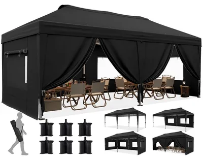 Produktbild von Faltpavillon 3x6m wasserdicht mit Seitenwänden UV-Schutz 50+ Insektenschutz Stahlrahmen Schwarz