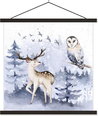 Produktbild von MuchoWow® Textilposter Winter - Rotwild - Eule 120x120 cm mit schwarzem Rahmen - Aufhängungsset