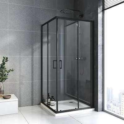 Productafbeelding van Douchecabine, zwart, 90x90 cm, hoekinstap, dubbele schuifdeur, 6 mm veiligheidsglas. Douchedeur, doucheafscheiding, douchewand. Hoogte: 185 cm