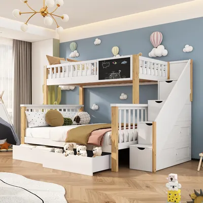 Produktbild von Merax Etagenbett 90x200/140x200cm mit Treppe und Tafel, Hochbett mit Rausfallschutz und Schubladen, Kinderbett Massivholzbett mit Lattenrost, Eiche