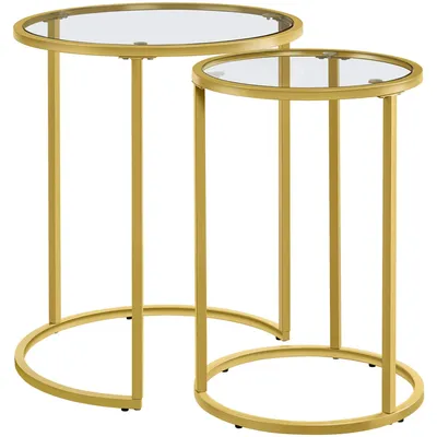 Image de Ensemble de tables d'appoint rondes avec structure en acier et plateau en verre, finition dorée