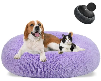 Obrázok produktu pre Posteľ pre psa, tvar donut, plyšová, umývateľná, mäkká, priemer 100 cm, fialová