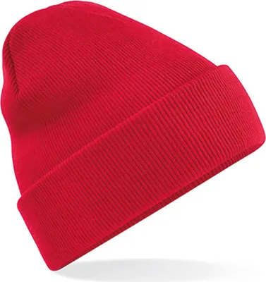 A red beanie hat is shown against a white background.