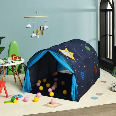 Produktbild von Kinderzelt für Jungs & Mädchen, Spielhaus mit Sternenhimmel & Netzvorhang & Tragetasche, Spielzelt für Indoor & Outdoor, 144x102x82cm (Blau)