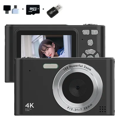 A digital camera with accessories shown above it.