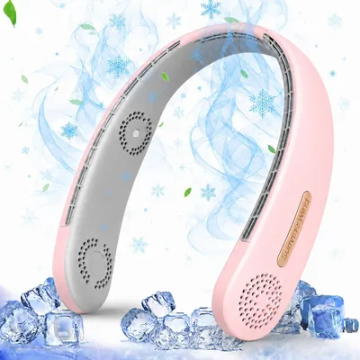Produktbild von Nackenventilator, Halsventilator, blattlos, leise, USB, 4000mAh, 3 Stufen, 4Turbinen, 360° Luftstrom, für Reisen & Büro(Rosa)