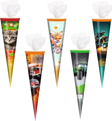 Produktbild von 5x Schultüte / Zuckertüte / 35cm / mit Tüllverschluß / 5 Motive sortiert