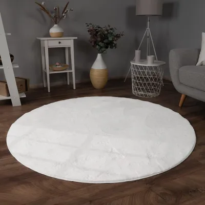 Produktbild von Teppich Kurzflor waschbar Einfarbig Wohnzimmer schmutzabweisend Weiß Rund 160D | 100% Polyester | Florhöhe: 10 mm | Maschinenwäsche, pflegeleicht