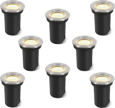 Zdjęcie produktu dla Ikodm 8x 3W Lampa podłogowa z regulacją kąta nachylenia, IP65, zewnętrzna, LED, wpuszczana w podłogę, reflektor podłogowy, ciepłe białe światło – srebrna obudowa